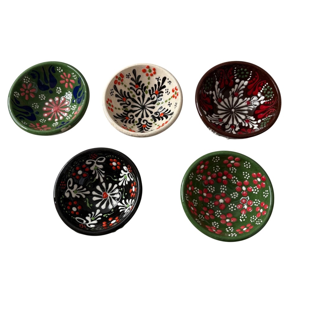Set of 5 Hand Painted Turkish Ceramic Pinch Bowls Floral Decorative Small Bowls